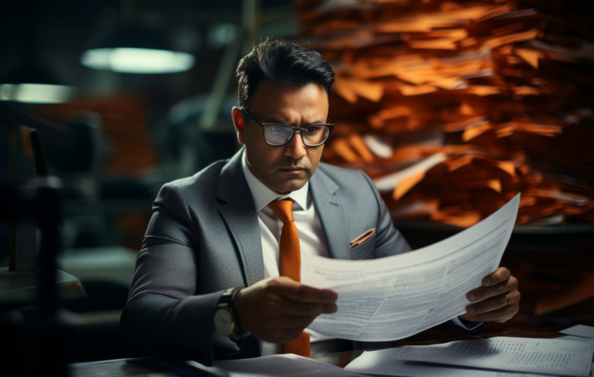 An indian businessman engrossed in reading important papers An indian businessman engrossed in reading important papers