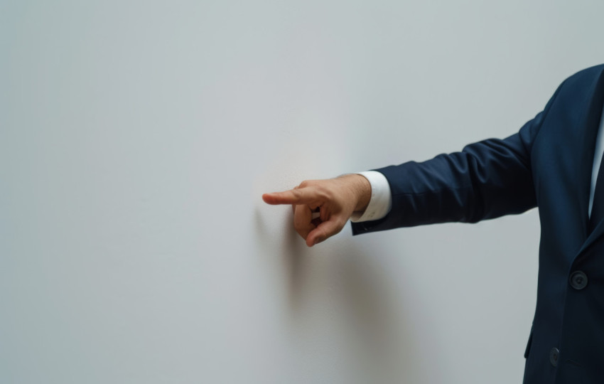 A suited man gestures towards a blank white wall A suited man gestures towards a blank white wall