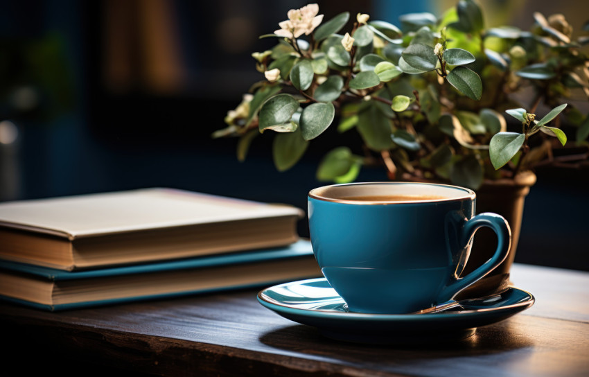 Books plants and a warm cup of coffee on a desk Books plants and a warm cup of coffee on a desk