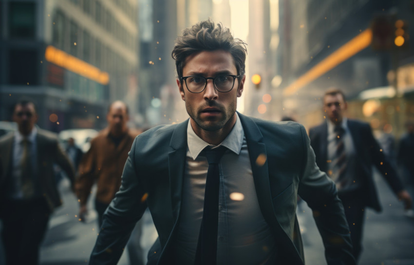 A pedestrian dashes through the bustling streets of city during rush hour A pedestrian dashes through the bustling streets of city during rush hour
