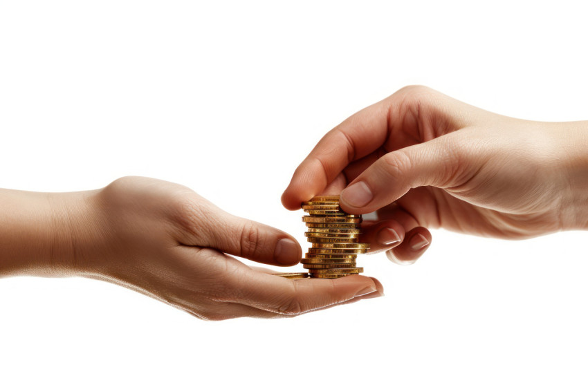Two hands offer coins conveying generosity and financial transactions on a white background Two hands offer coins conveying generosity and financial transactions on a white background