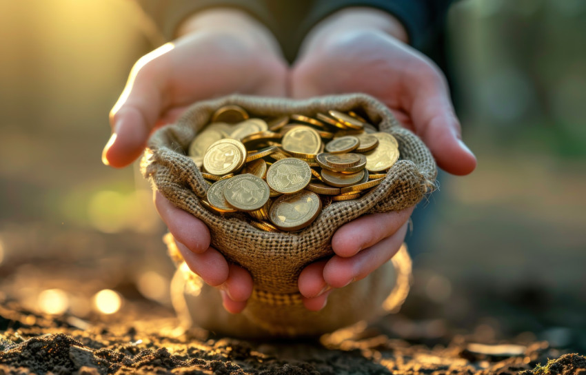 Reaching for a bag of coins these hands depict the pursuit of financial abundance and success Reaching for a bag of coins these hands depict the pursuit of financial abundance and success