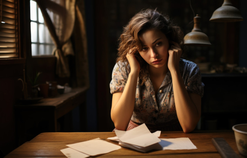 A woman visibly in pain holds her head while gripping a letter conveying discomfort and anguish at her desk A woman visibly in pain holds her head while gripping a letter conveying discomfort and anguish at her desk