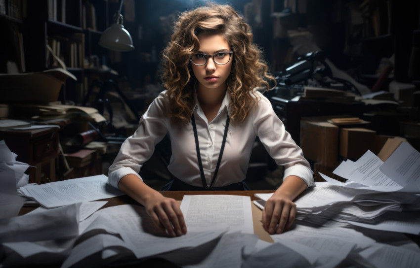 A woman seated at a desk holding a paper A woman seated at a desk holding a paper
