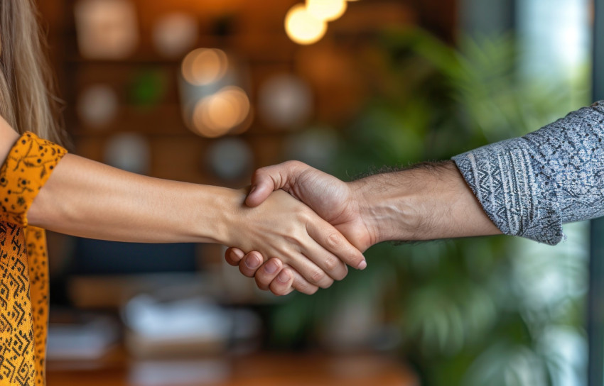 Professional businessman shakes hands with a woman in a work setting Professional businessman shakes hands with a woman in a work setting