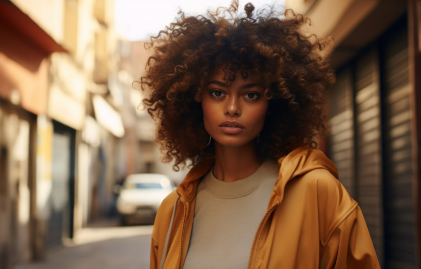 Curly haired woman making eye contact with the camera exuding confidence and warmth Curly haired woman making eye contact with the camera exuding confidence and warmth