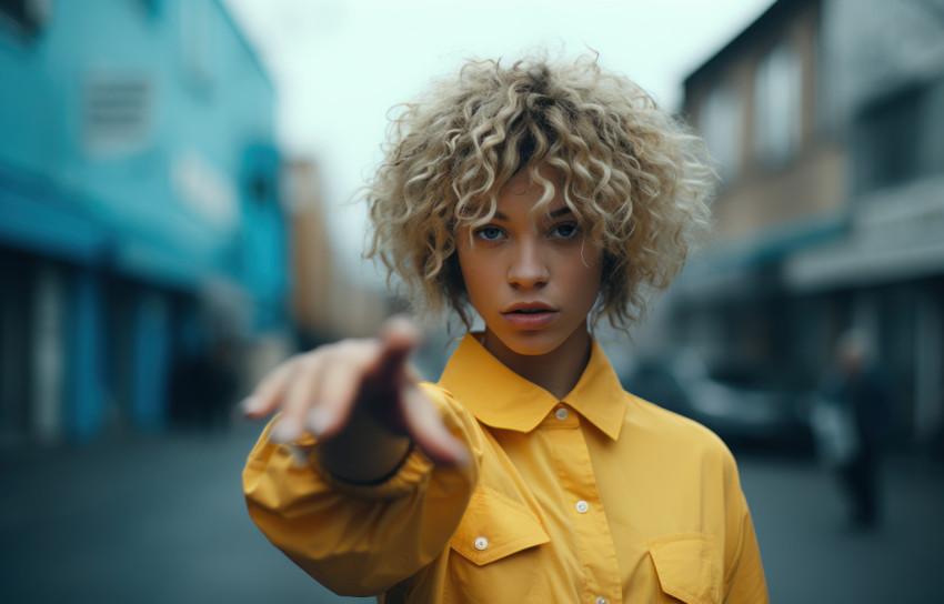 Confident woman pointing directly at the camera while striking a pose on the street Confident woman pointing directly at the camera while striking a pose on the street