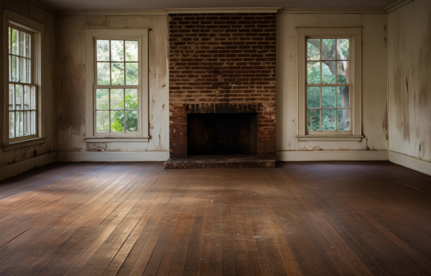 Open house with inviting wood floors and a classic brick fireplace Open house with inviting wood floors and a classic brick fireplace
