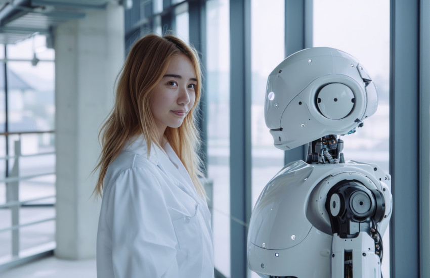 A woman and a robot stand side by side A woman and a robot stand side by side