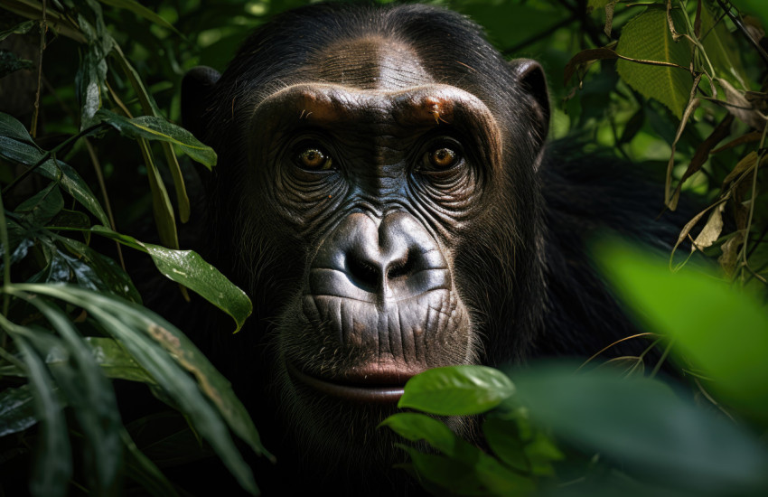 A chimpanzee in the lush jungle A chimpanzee in the lush jungle