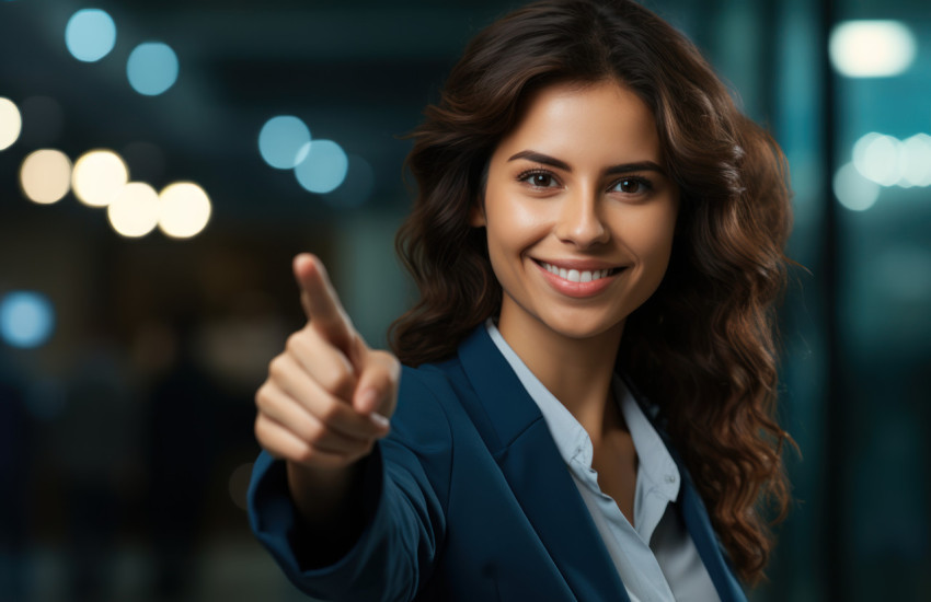 A lady confidently reveals her face emphasizing a point with a direct finger gesture A lady confidently reveals her face emphasizing a point with a direct finger gesture
