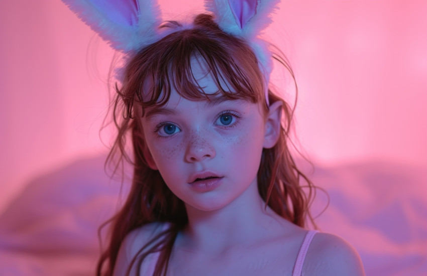 Young girl joyfully wearing bunny ears Young girl joyfully wearing bunny ears