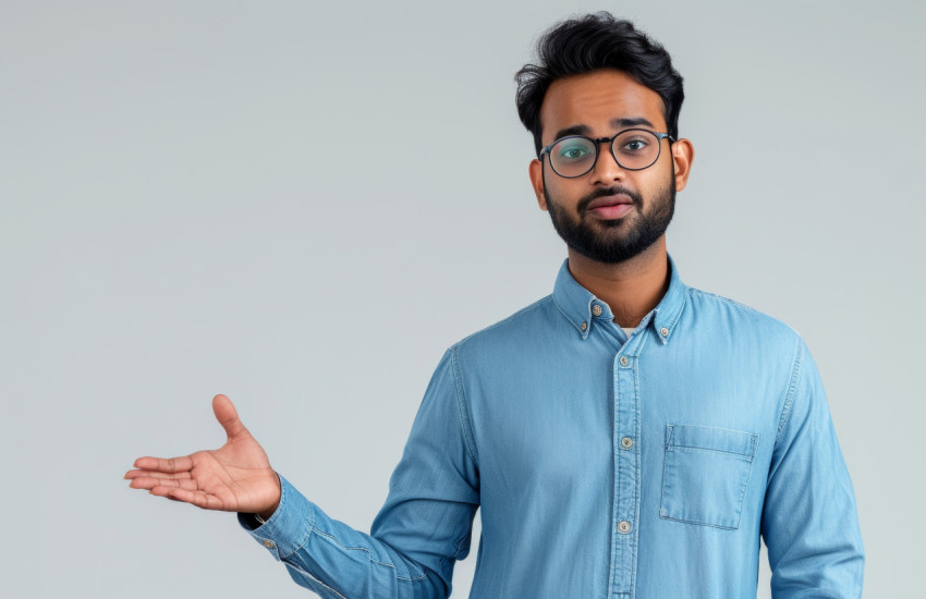 Accountant in blue shirt making a distinct hand gesture during work Accountant in blue shirt making a distinct hand gesture during work