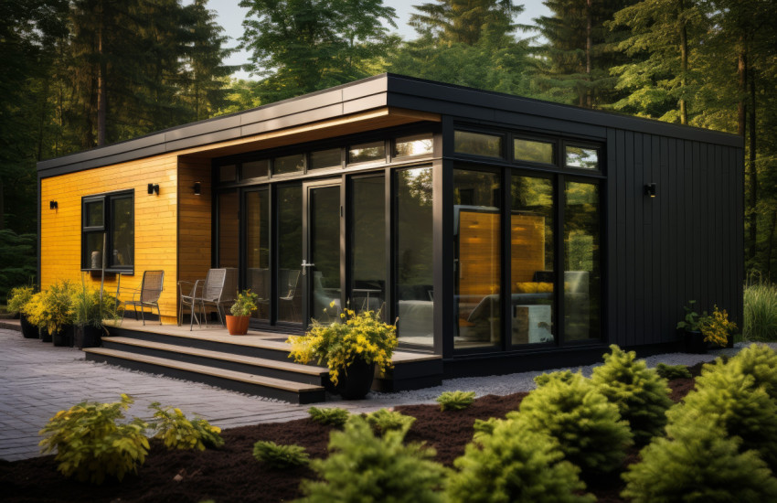 A charming brown and black bungalow with a welcoming entry and sturdy roof