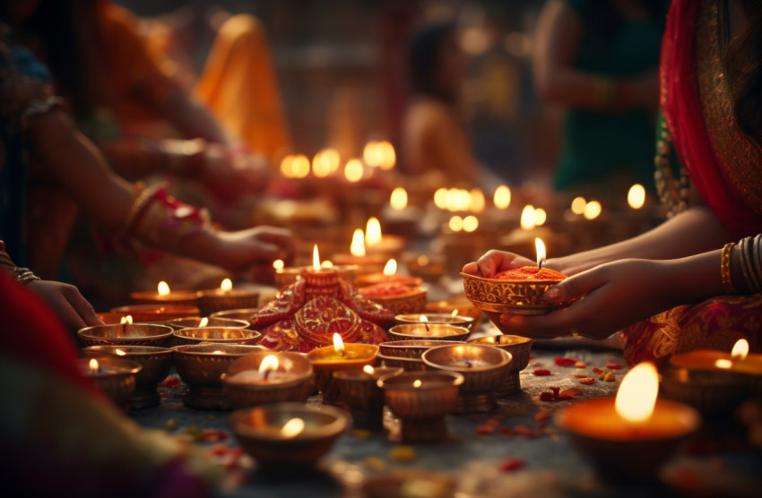 Diwali, deepavali hindu festival of lights celebration. diya oil lamp lit in woman hands People gather to light candles in solidarity, diwali festival stock image, diwali festival ai prompt