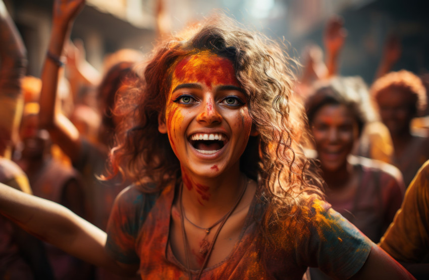 Street festivity smiling women adorned in holi paint Street festivity smiling women adorned in holi paint