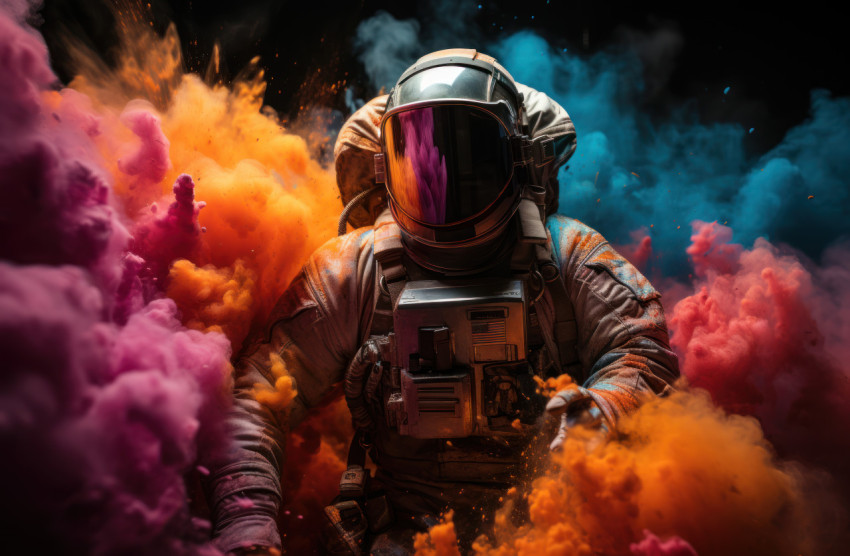 Astronaut surrounded by colorful powder Astronaut surrounded by colorful powder