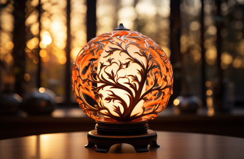 Serene ambiance as light dances through an artistic lamp onto a wooden floor Serene ambiance as light dances through an artistic lamp onto a wooden floor