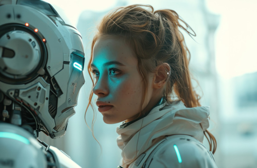 A professional woman engages in a conversation with a robotic employee A professional woman engages in a conversation with a robotic employee