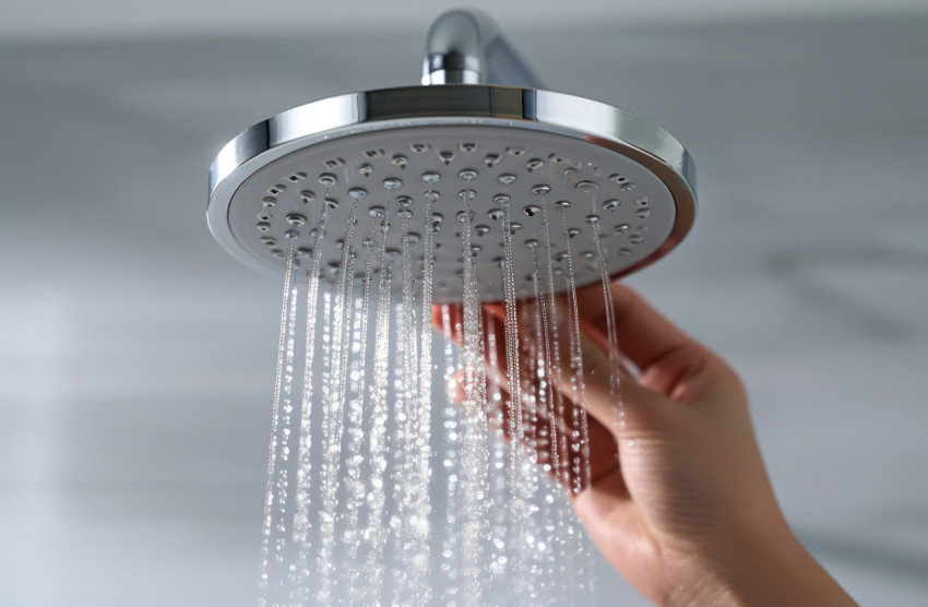 Hand holding shower head for a refreshing bath Hand holding shower head for a refreshing bath