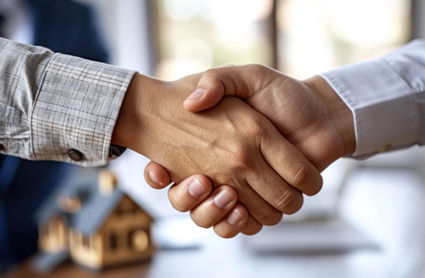 Two individuals shake hands in a business setting sealing a deal with a house model a successful agreement Two individuals shake hands in a business setting sealing a deal with a house model a successful agreement