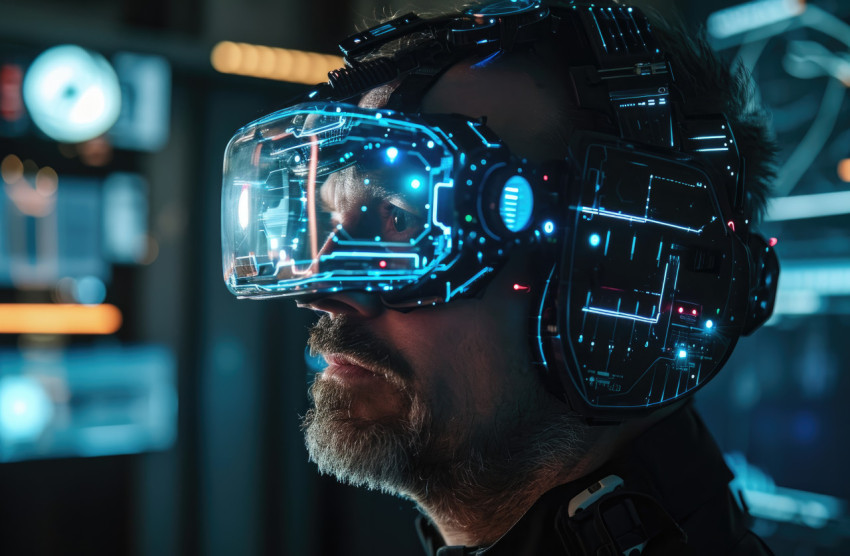 Man wears virtual holosphere machine experiencing advanced technology Man wears virtual holosphere machine experiencing advanced technology