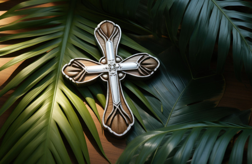 Wooden cross on sandy beach with palm branches nearby Wooden cross on sandy beach with palm branches nearby