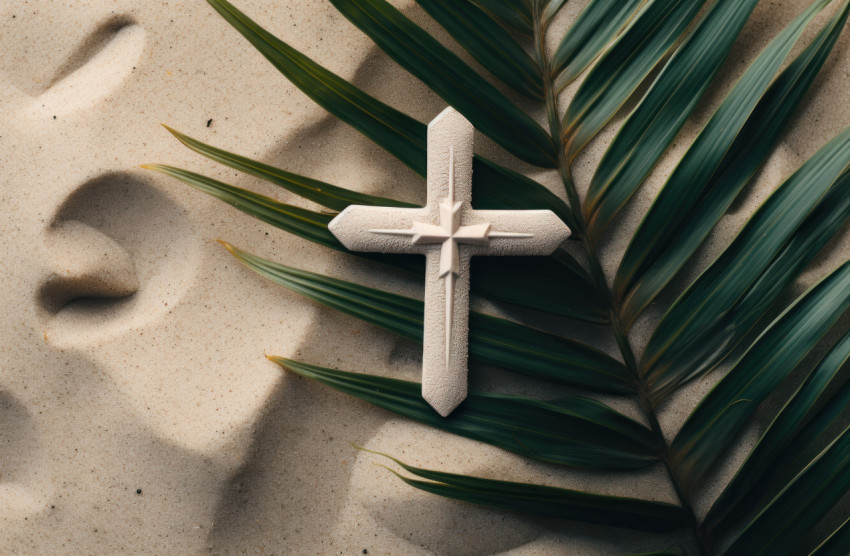 A wooden cross planted in the sand amidst palm leaves A wooden cross planted in the sand amidst palm leaves