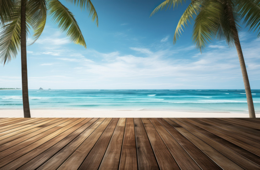 Clear light illuminates a wooden floor with palm trees and ocean views Clear light illuminates a wooden floor with palm trees and ocean views