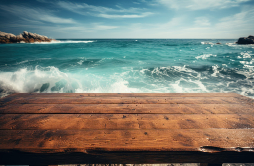 A beachside wooden table against the sea A beachside wooden table against the sea