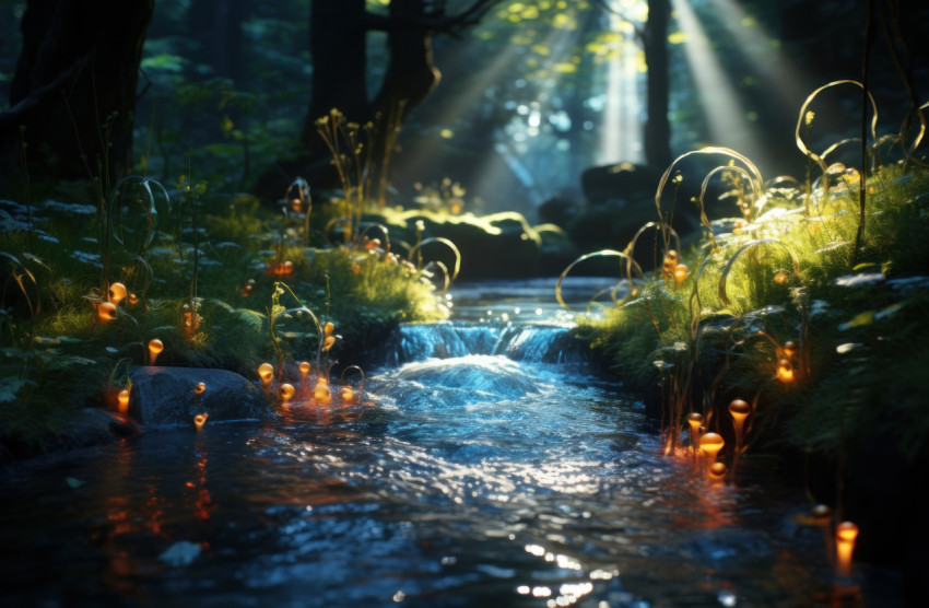 Sunlit stream entering lush grassy landscape showcasing the serenity of nature Sunlit stream entering lush grassy landscape showcasing the serenity of nature