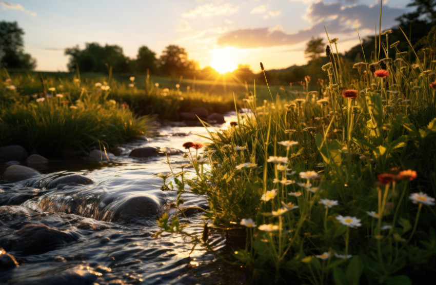 Serene stream winding through grass bathed in the golden hues of a beautiful sunset Serene stream winding through grass bathed in the golden hues of a beautiful sunset