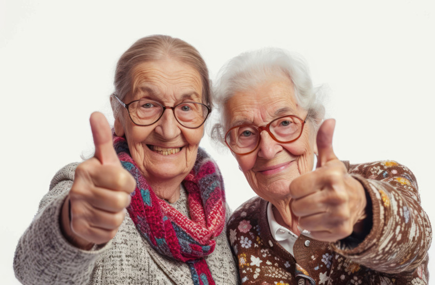 Two women happily giving each other thumbs up in a positive gesture of approval and encouragement Two women happily giving each other thumbs up in a positive gesture of approval and encouragement