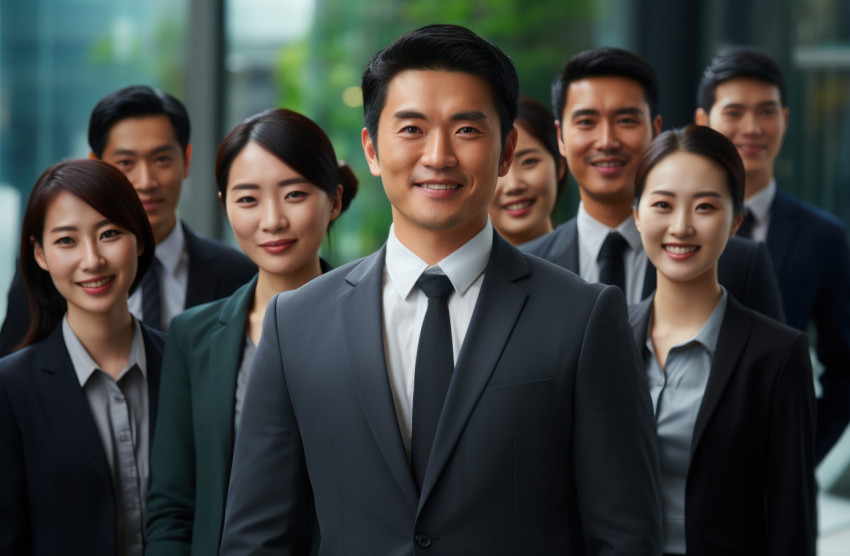 A group of japanese professionals standing together showcasing unity and happiness A group of japanese professionals standing together showcasing unity and happiness