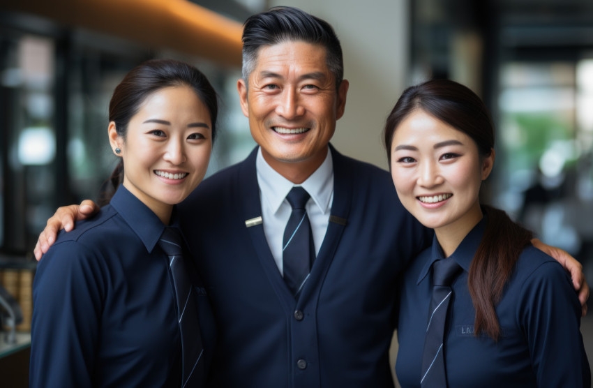 Smiling asian business team posing for a group photo Smiling asian business team posing for a group photo