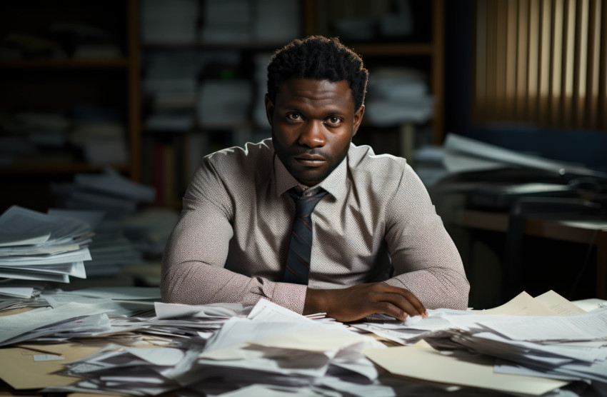 Office desk scene with african man focused on work Office desk scene with african man focused on work