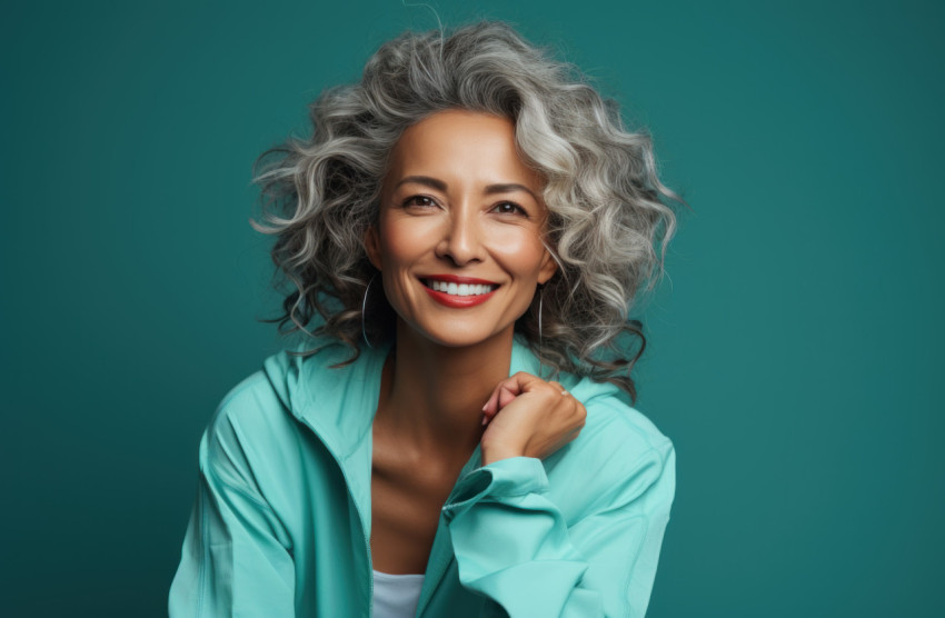An attractive senior woman in athletic wear striking a pose against a turquoise backdrop An attractive senior woman in athletic wear striking a pose against a turquoise backdrop