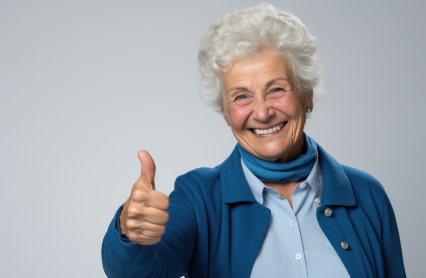A senior lady giving a positive gesture by raising her thumb against a blank white background A senior lady giving a positive gesture by raising her thumb against a blank white background
