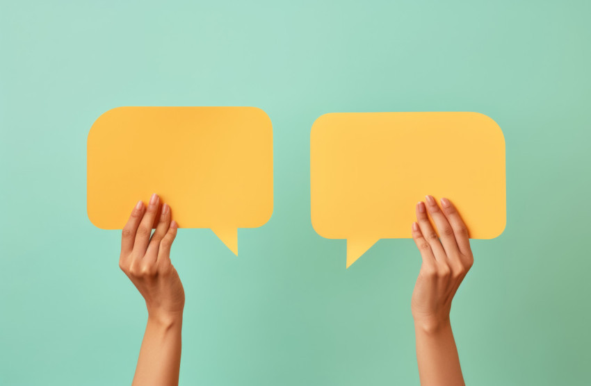 Hands hold up a yellow speech bubble ready for your creative messages and expressions Hands hold up a yellow speech bubble ready for your creative messages and expressions
