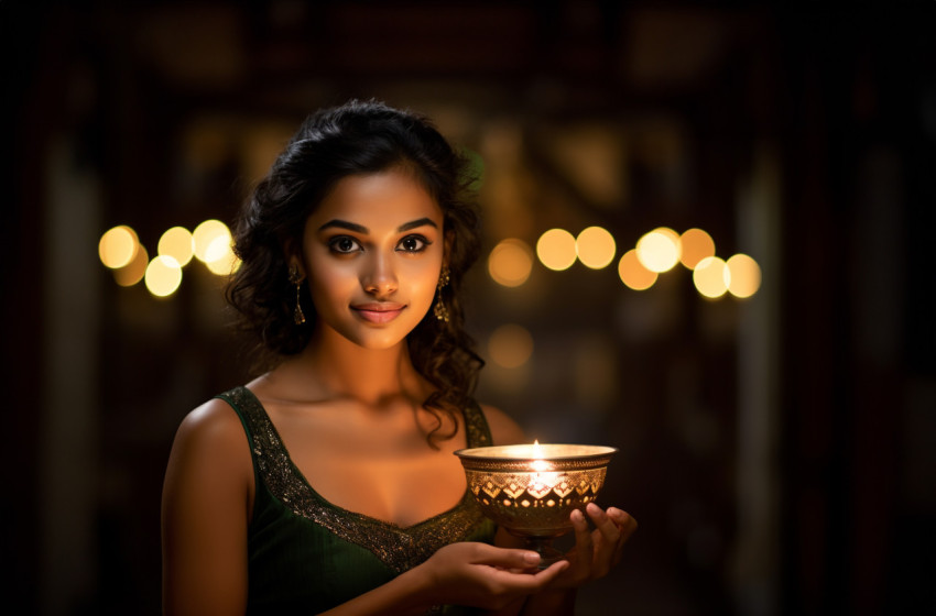 Young Indian Woman Lighting Diwali Lamp Young Indian Woman Lighting Diwali Lamp