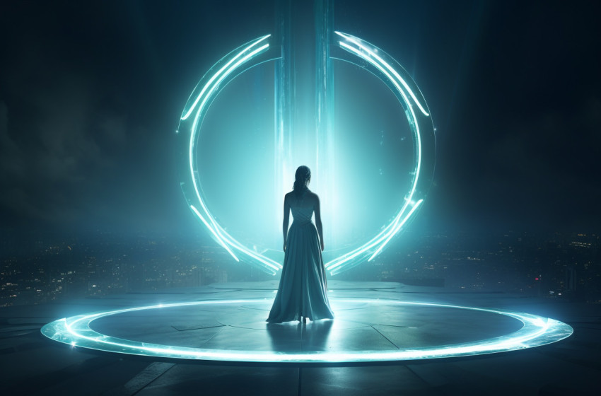 A woman is standing inside a round ring of light