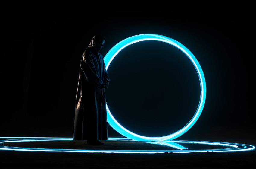 A person wearing a shiny black outfit A person wearing a shiny black outfit