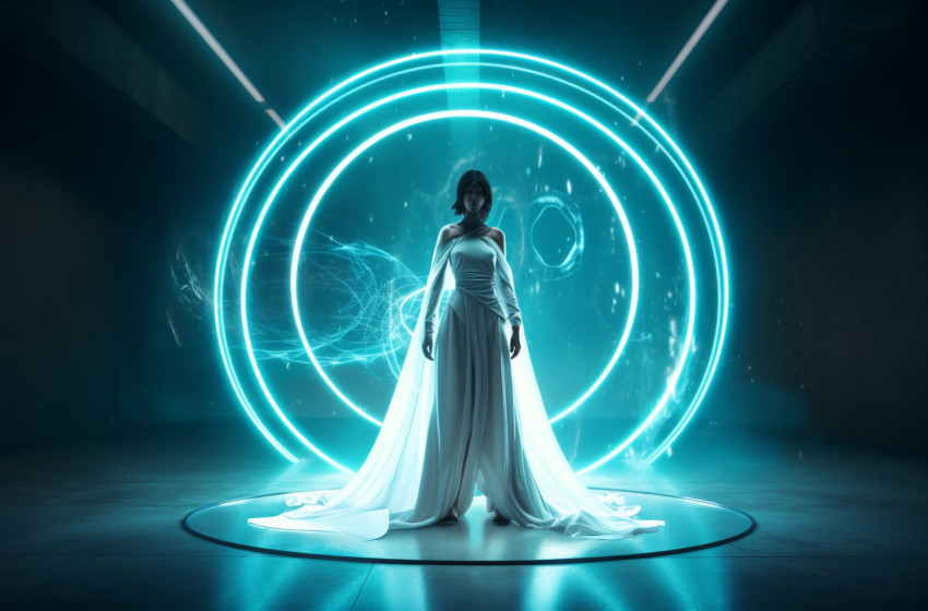 A woman is standing inside a round ring of light