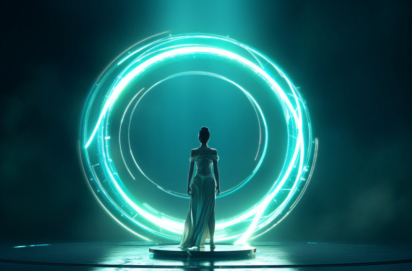 A woman is standing inside a round ring of light