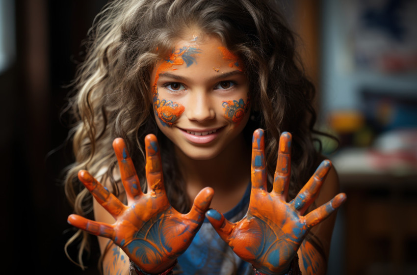 Young girl creates with vibrant hand paints Young girl creates with vibrant hand paints