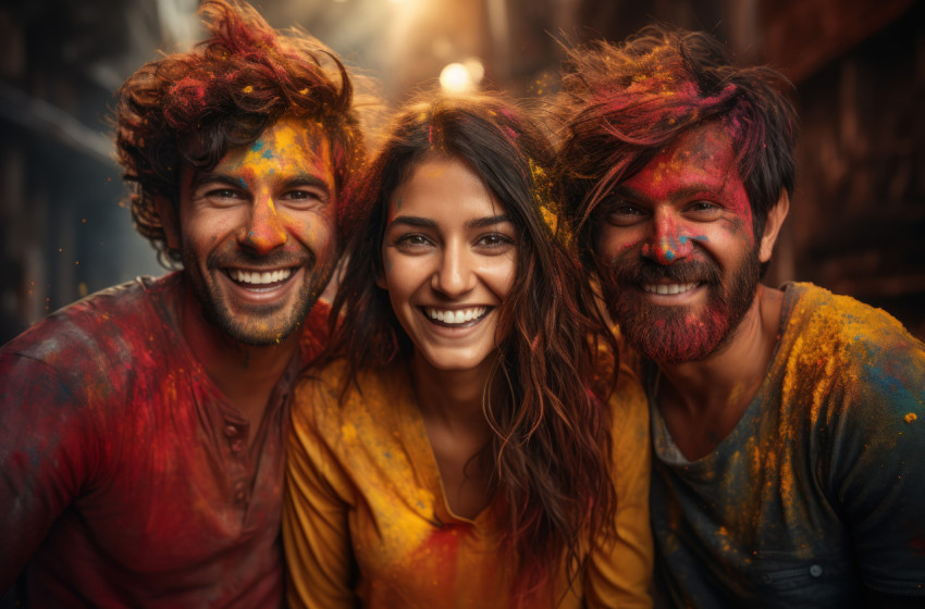 Friends embracing holi with radiant smiles Friends embracing holi with radiant smiles