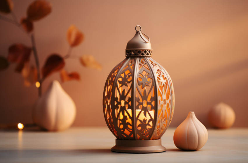 Ceramic lantern and leaf on a stylish marble table creating a calm setting Ceramic lantern and leaf on a stylish marble table creating a calm setting