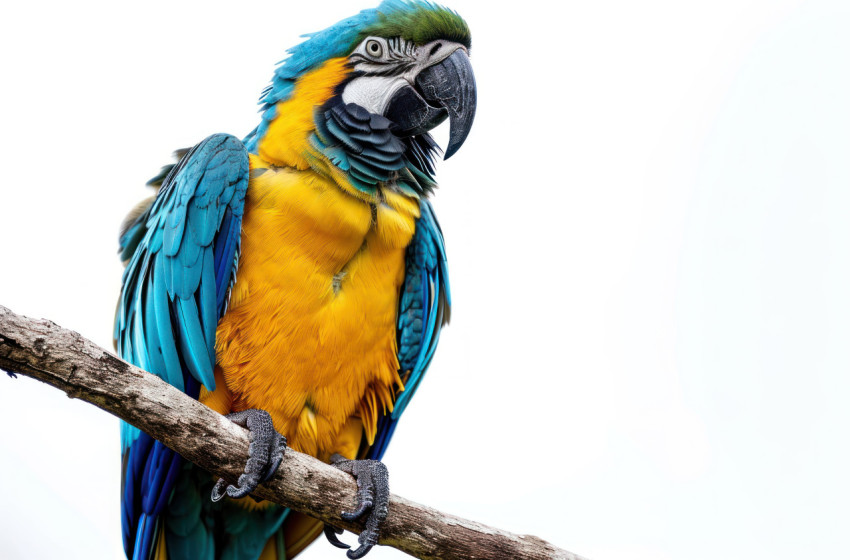 Blue and yellow parrot perched on a branch against a white background Blue and yellow parrot perched on a branch against a white background