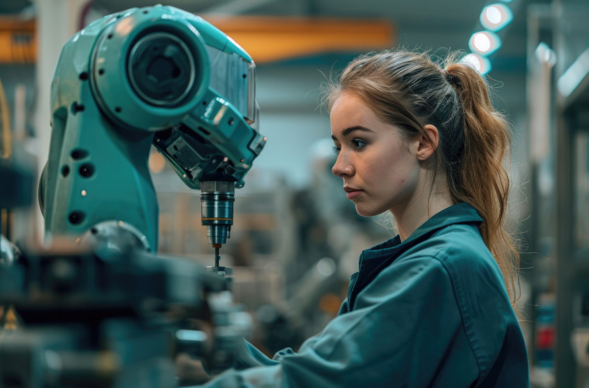 Workshop woman looks at factory robotic device Workshop woman looks at factory robotic device