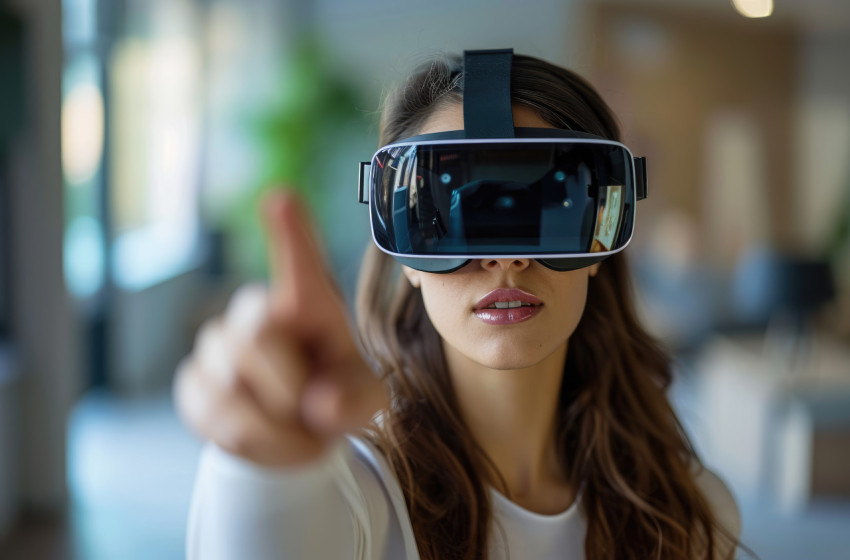 Woman wearing virtual reality glasses pointing in air Woman wearing virtual reality glasses pointing in air